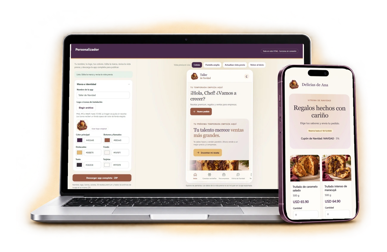 Personalizador del Panetón Business Studio en la laptop y la aplicación con otra marca en el celular