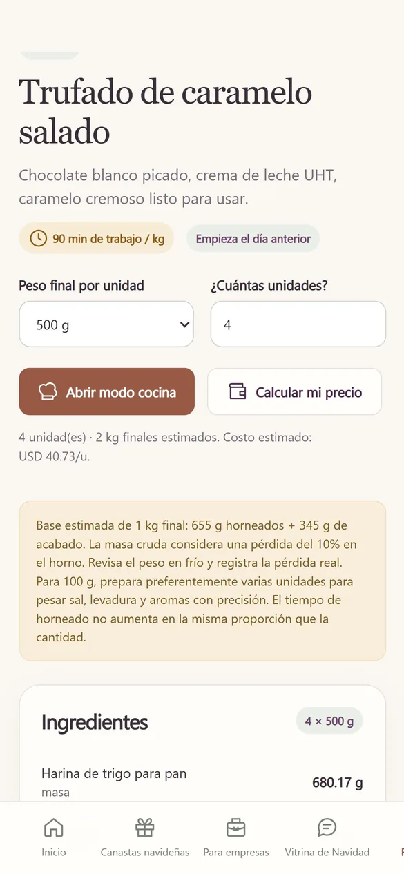 Pantalla real: receta premium con rendimiento