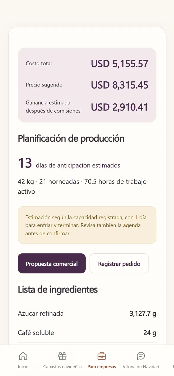 Pantalla real: pedido para empresa con costo, precio, ganancia y planificación de producción